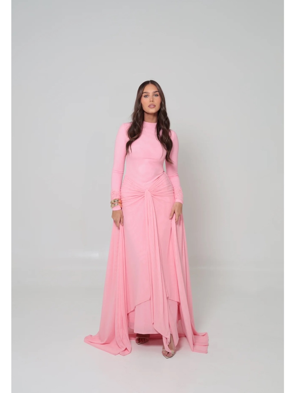 Chic Pink Long-Sleeve Knot-Detail Maxi Dress